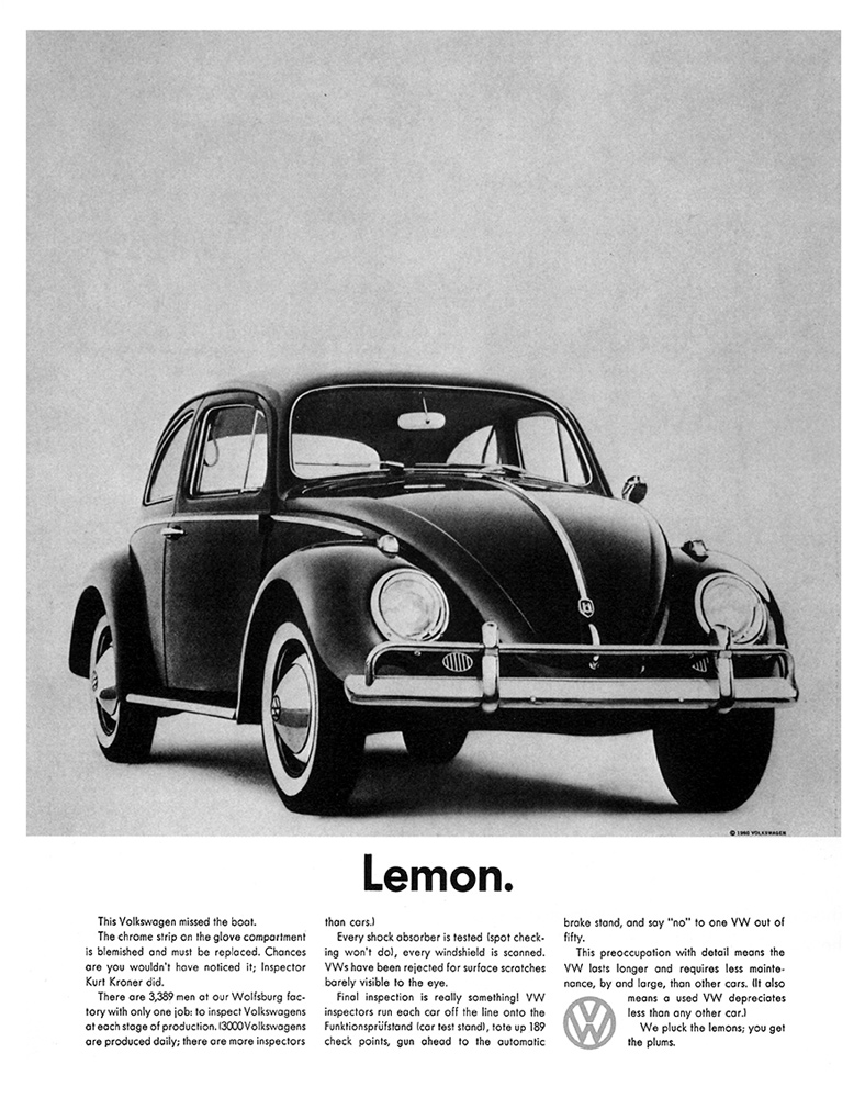 Volkswagen’s iconic ad may have made the term “lemon car” popular. 