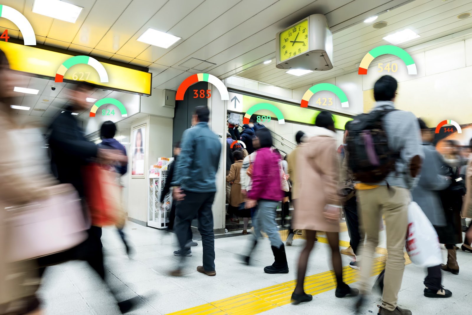 People walking through subway station with credit scores for car loans 