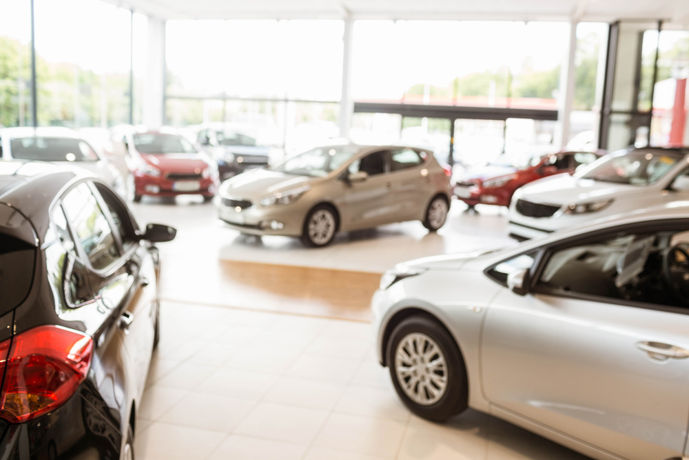  View of new and used cars inside dealership.